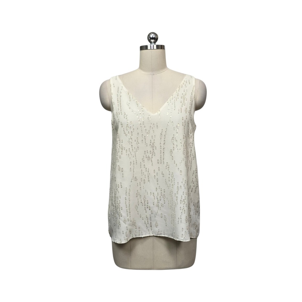 Lilly Pulitzer Florin Silk Sleeveless V-Neck Tank Top Cream Gold Metallic Small